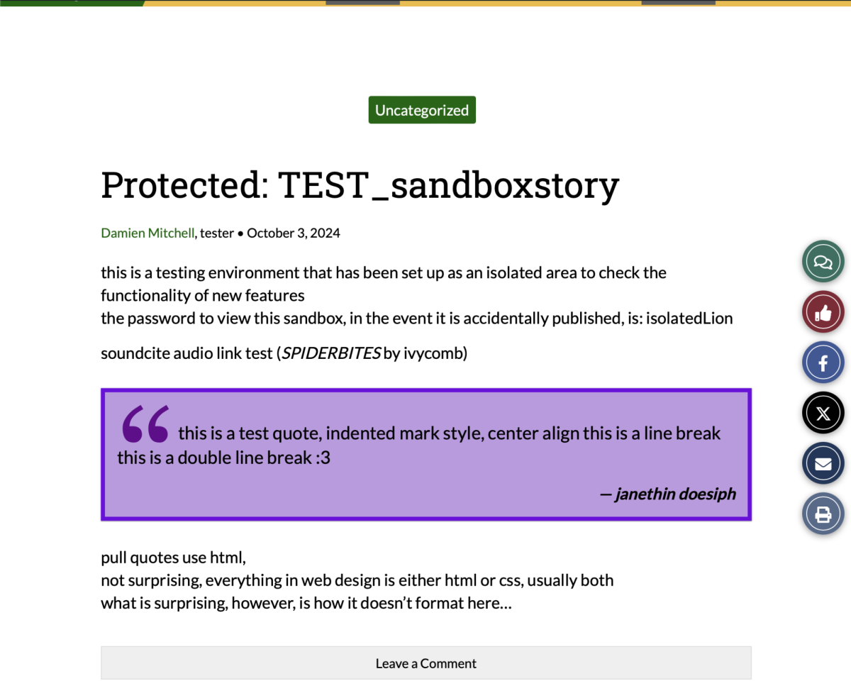 the pull quote embed, displaying a purple box with some test text. it shows that line breaks do not work, and the center alignment failed to render. the placeholder name is janethin doesiph.